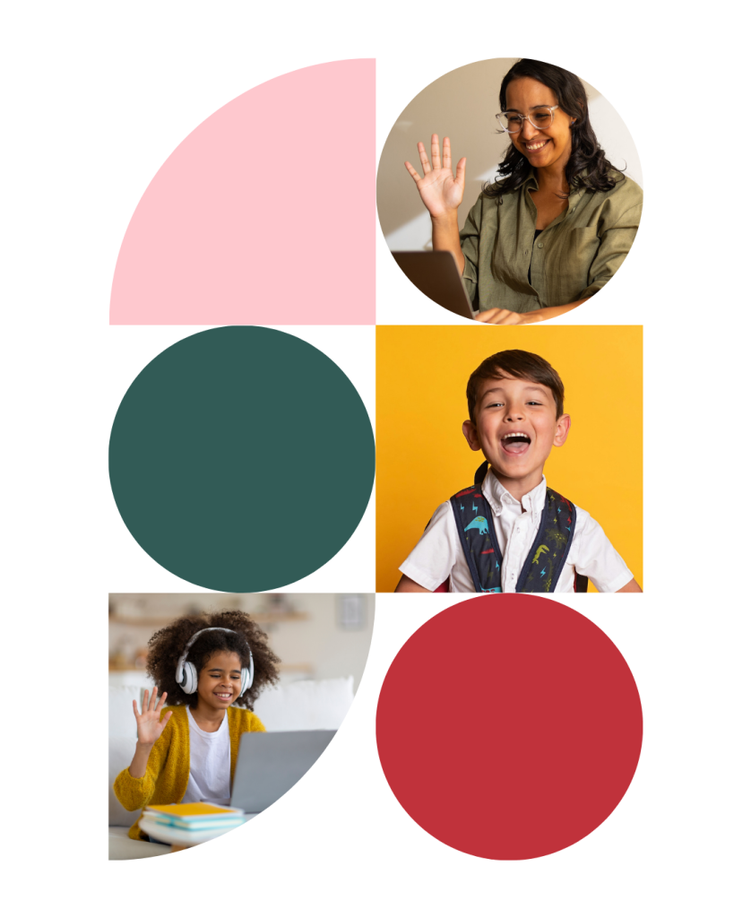 A colourful collage oof shapes with images of students appearing in 3 of the shapes - Image of a lady waving to a laptop - Image of a young happy student, and image of a young student talking to someone on a laptop portraying online tutoring