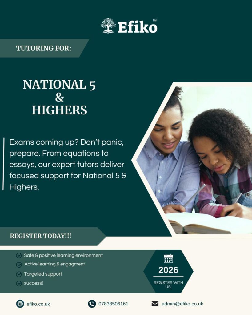National 5 & Highers tutorials - Efiko tutoring ad for National 5 and Highers. Features two students studying together, emphasizing a supportive, engaged learning environment. - 